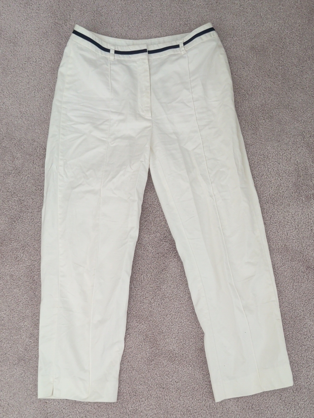 Liz Claiborne White Straight-Leg Pants with Navy Waist Trim
